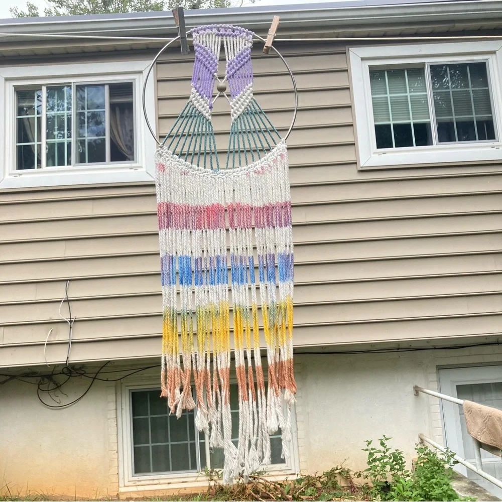 RAINBOW Handcrafted Macramé Wall Hanging with Metal Ring 29 x 10 inches